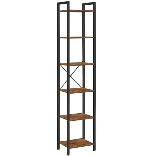 Small 6-Tier Industrial Bookshelf, Rustic Brown, Black