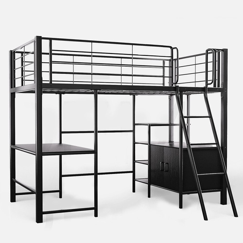 Gaming Loft Bed with Desk and Storage Cabinet, Steel Metal Frame, Space Saving Design, for Single Mattress, Matte Dark Grey