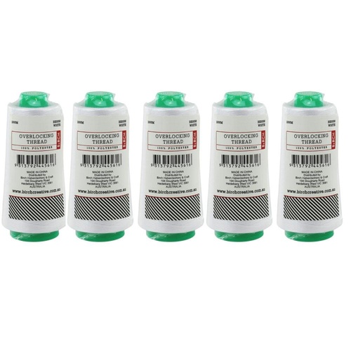 5 Pack White Overlocking Thread 2000m Polyester Birch Overlocker Cone Spool Sewing