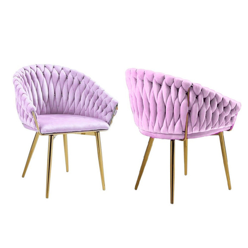SERENITà Pink Modern Velvet Dining Chairs, Upholstered Living Room Chair with Woven Back and Golden Metal Legs, Mid-Century Accent Set of 2