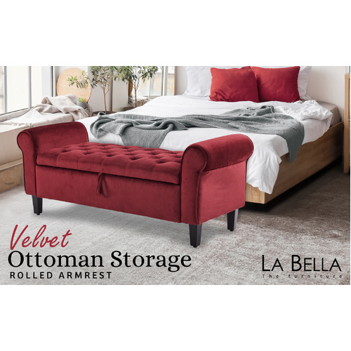 Storage Ottoman Stool Arm Bench Seat 132cm Velvet RED