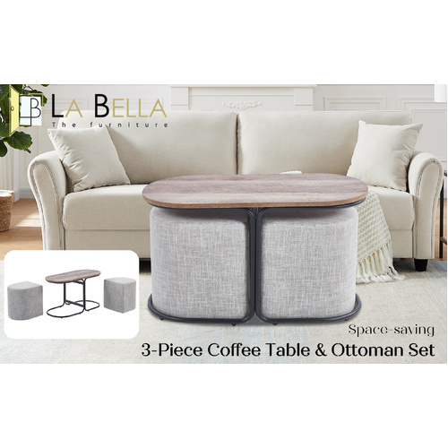 3 Piece Set Coffee Table & Ottoman Wood Side End Table Industrial - CREAM GREY