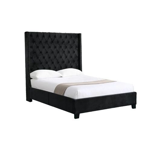 Ella  Black Velvet Winged Bed 180cm - Queen