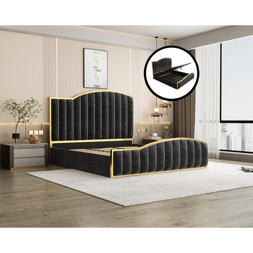 Elegant King Bedframe Charcoal Velvet Fabric with Gas Lift Storage and Golden Trim
