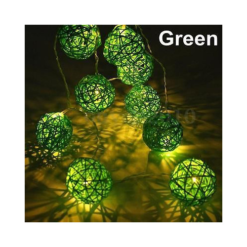 1 Set of Green 5cm Rattan Cane 20 Ball Battery Powered 3m String Lights Christmas Gift Home Wedding Party Bedroom Decoration Table Centrepiece