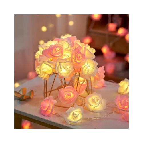 20 Pink n White Rose 3D Fairy Lights 3M String, Battery (AA) Indoor & Outdoor Decorations Wedding Valentines Romantic Room Table Lighting