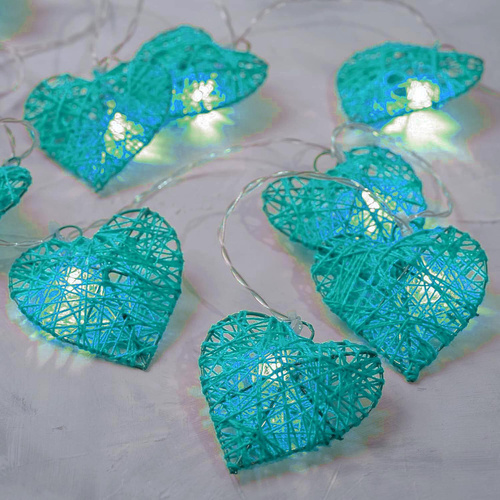 50 Turquoise Blue 3D Hollowed Rattan Heart-Shaped 5M LONG String Fairy Lights, Battery (AA) Indoor & Outdoor Decorations Birthday Kids Celebration Par