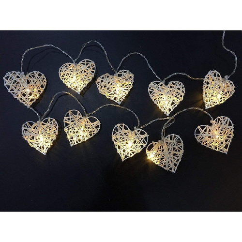 50 White 3D Hollowed Rattan Heart-Shaped 5M LONG String Fairy Lights, Battery (AA) Indoor & Outdoor Decorations Wedding Valentines Romantic Room Table