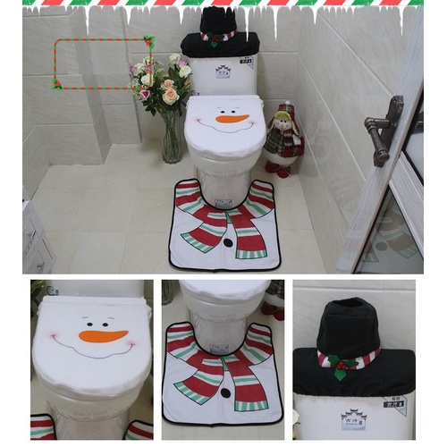 4pcs Christmas Toilet Seat Cover Rug Bathroom Set Santa Snowman Xmas Home Décor, Snowman A