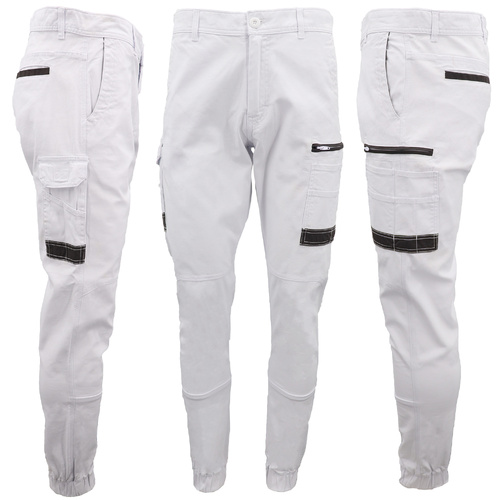 Men's Cargo Cotton Drill Work Pants UPF 50+ 13 Pockets Tradies Workwear Trousers, White, 28