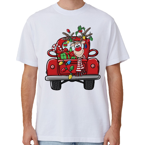 100% Cotton Christmas T-shirt Adult Unisex Tee Tops Funny Santa Party Custume, Car with Reindeer (White), L