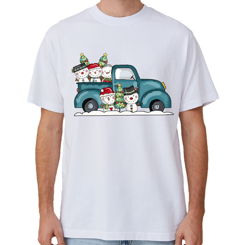 100% Cotton Christmas T-shirt Adult Unisex Tee Tops Funny Santa Party Custume, Car with Snowman (White), L