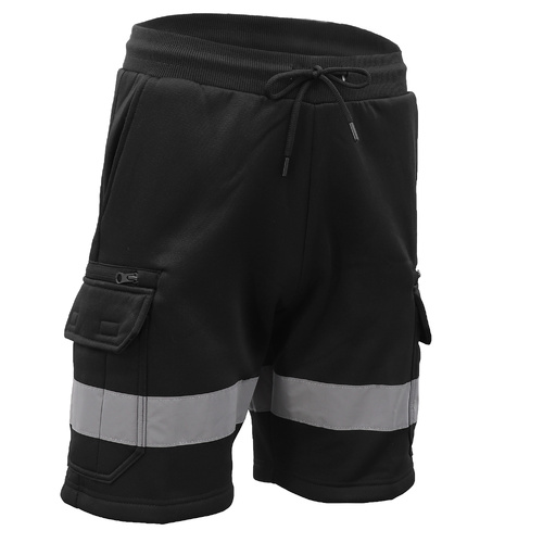 Hi Vis Fleece Work Cargo Shorts w Reflective Tape Workwear Tradie Utility Pants, Black, L