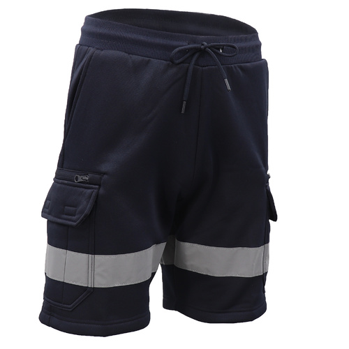 Hi Vis Fleece Work Cargo Shorts w Reflective Tape Workwear Tradie Utility Pants, Navy, L