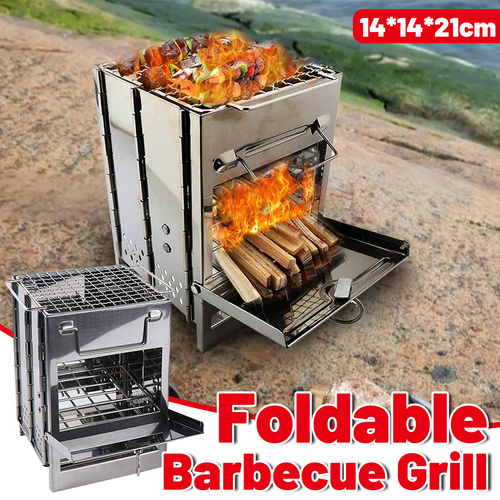 Outdoor Camping Mini Folding Wood Burning Stove Picnic Stainless Steel BBQ Grill