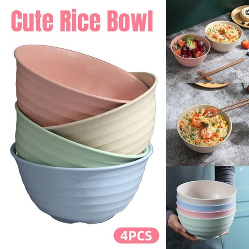 4pcs Wheat Straw Rice Bowl Round Noodle Bowl Drop Proof Kitchen Tableware Set