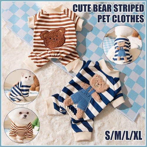 Cute Bear Striped Dog Home Clothes Cat Pet Outfit Cozy Animal Pajamas for Pets - Brown - M