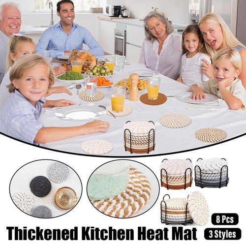 8PCS Round Cotton Woven Coaster Heat Resistant Thick Insulation Dining Table Mat - Grey