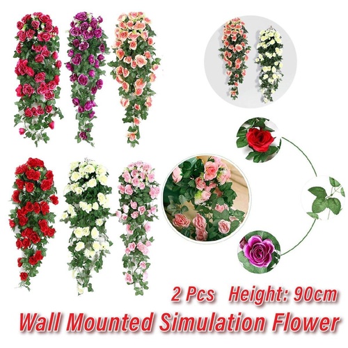 2PCS Artificial Rose Flower Garland Hanging Vine Home Wall Decor Fake Rattan - Purple