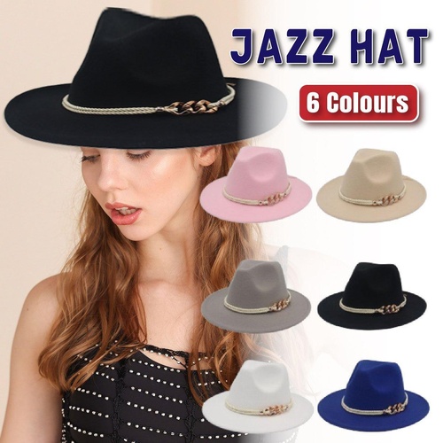 Jazz Hat Autumn Winter Retro Large Brim Hat for Men and Women Stylish Headwear - Blue