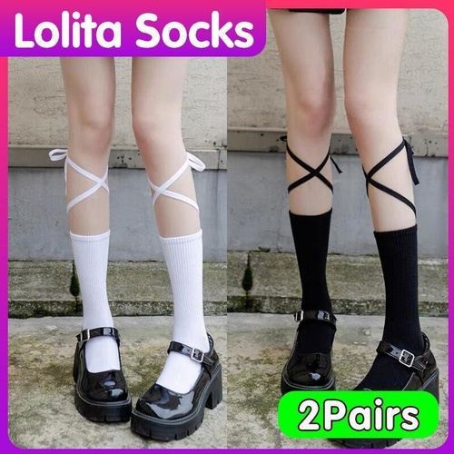 Cross-Tie Women Lolita Socks Bandage Stockings Korean Style Middle Tube Socks - White+White