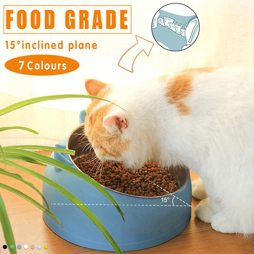 Pet Dog Cat Food Bowl Raised No Slip Stainless Steel Tilted Water Food Feeder - Black