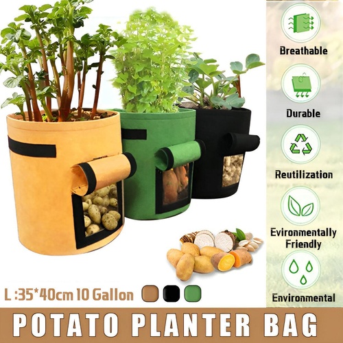 10 Gallon Potato Grow Planter Container Bag Pouch Root Plant Growing Pot Side Window - Brown