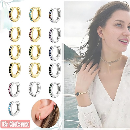 925 Sterling Silver Gold Rings Plated Cubic Crystal Cuff Huggie Hoop Earrings Au - Gold-Black Crystal