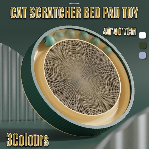 Cat Scratcher Lounge Bed Toy 40cm Round Foldable Cardboard Pad with Ball Track - Green