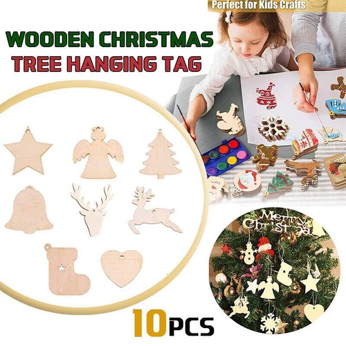 Wooden Christmas Hanging Ornament for Tree DIY Craft Decoration 10pcs - Bell