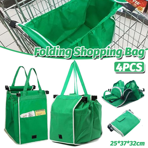 4 x Reusable Supermarket Shopping Trolley Clip-on Large Foldable Grab Handle Bag