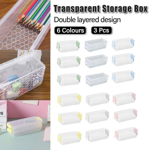 3PCS Clear Plastic Desktop Storage Box 2 Layer Holder DIY Stationery Pencil Case - Grey