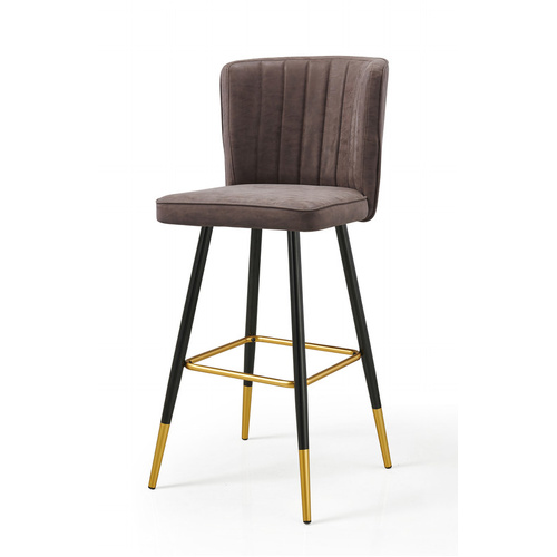 Modern Bar Chair Leather Stool Counter Brown Mid-Century Wood x 2