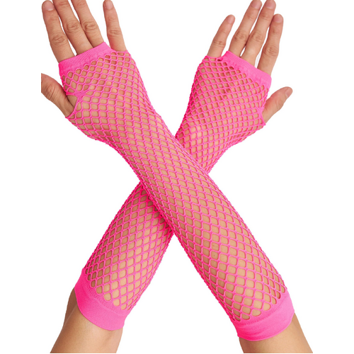12x Long Elbow Length Fishnet Gloves Fingerless 70s 80s Womens Costume Party Bulk in Hot Pink