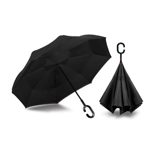 Reverse Umbrella Windproof Double Layer C-Handle Inverted Folding in Black