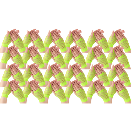 24 Pair Fishnet Gloves Fingerless Wrist Length 70s80s Costume Party Fluro Yellow