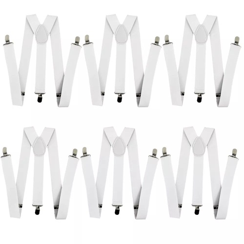 6x Mens Suspenders Braces Adjustable Strong Clip On Elastic Formal Wedding BULK - White