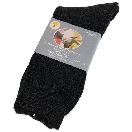 1 Pair Merino Wool Blend Woolen Work Socks Hiking Heavy Duty Warm Winter Thermal - Black - 11-14
