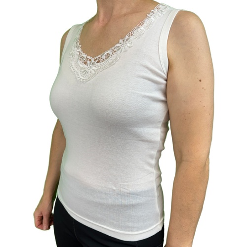 Ladies Sleeveless Singlet Top Womens Summer Basic Tank Shirt Lace Motif Front - Natural - 12-14