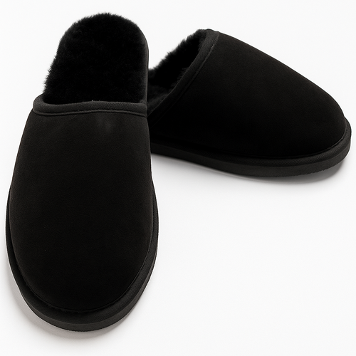 Sheepskin Wool Mens Slippers Scuffs Slip On Winter Ugg Slippers in Black - 9