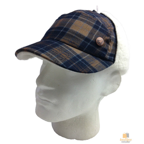 KANGOL Plaid Supre Ushanka Sherpa Chullo Lined Hat Warm Winter Ear Trapper Flying - Navy/Khaki - S/M