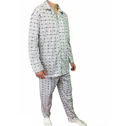 Mens Cotton Pajamas Pyjamas PJs Long Sleeve Shirt Tops + Pants Set Sleepwear - White/Blue - L