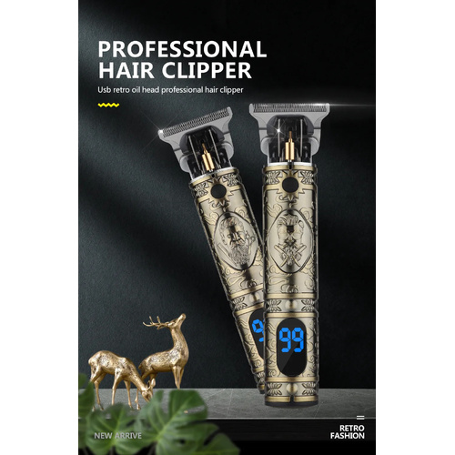 LCD Hair Clipper Barber Professional Electric Trimmer Shaver Beard Vintage - Gold