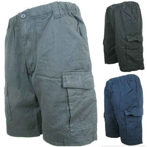 CARGO SHORTS Elastic Waist 100% COTTON Army Military PLAIN Pocket Mens S-XXL - Black - S