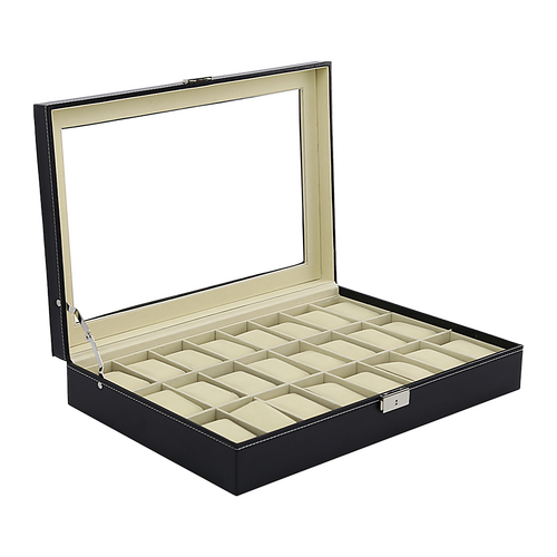 Watch Box - 24 Slot Luxury Display Case With Framed Glass Lid