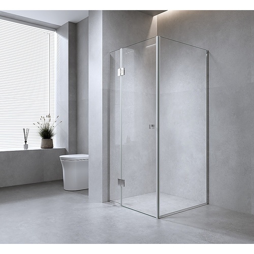 110x70cm Corner Frameless Shower Screen with Gunmetal Channel and SS Hinges, Square Double Pull Handle