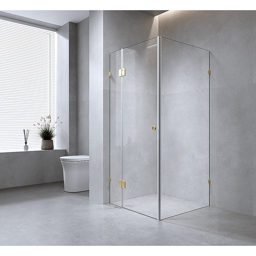 110x70cm Corner Frameless Shower Screen with White Brackets and SS Hinges, Round Handle