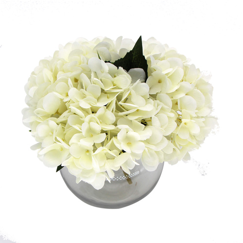 Premium Faux Hydrangea with Glass Vase (Artificial Flowering White Hydrangea) 23cm