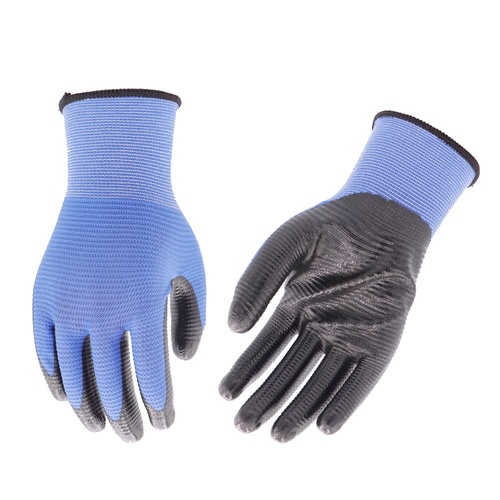 bulk 24 Blue U3 Polyester Shell w Black Nitrile Garden Gloves