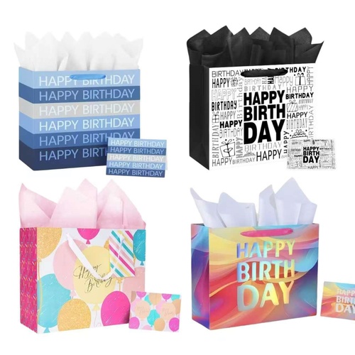bulk 24 Medium Happy Birthday Celebration Gift Bag 4 Asst 18x23cm